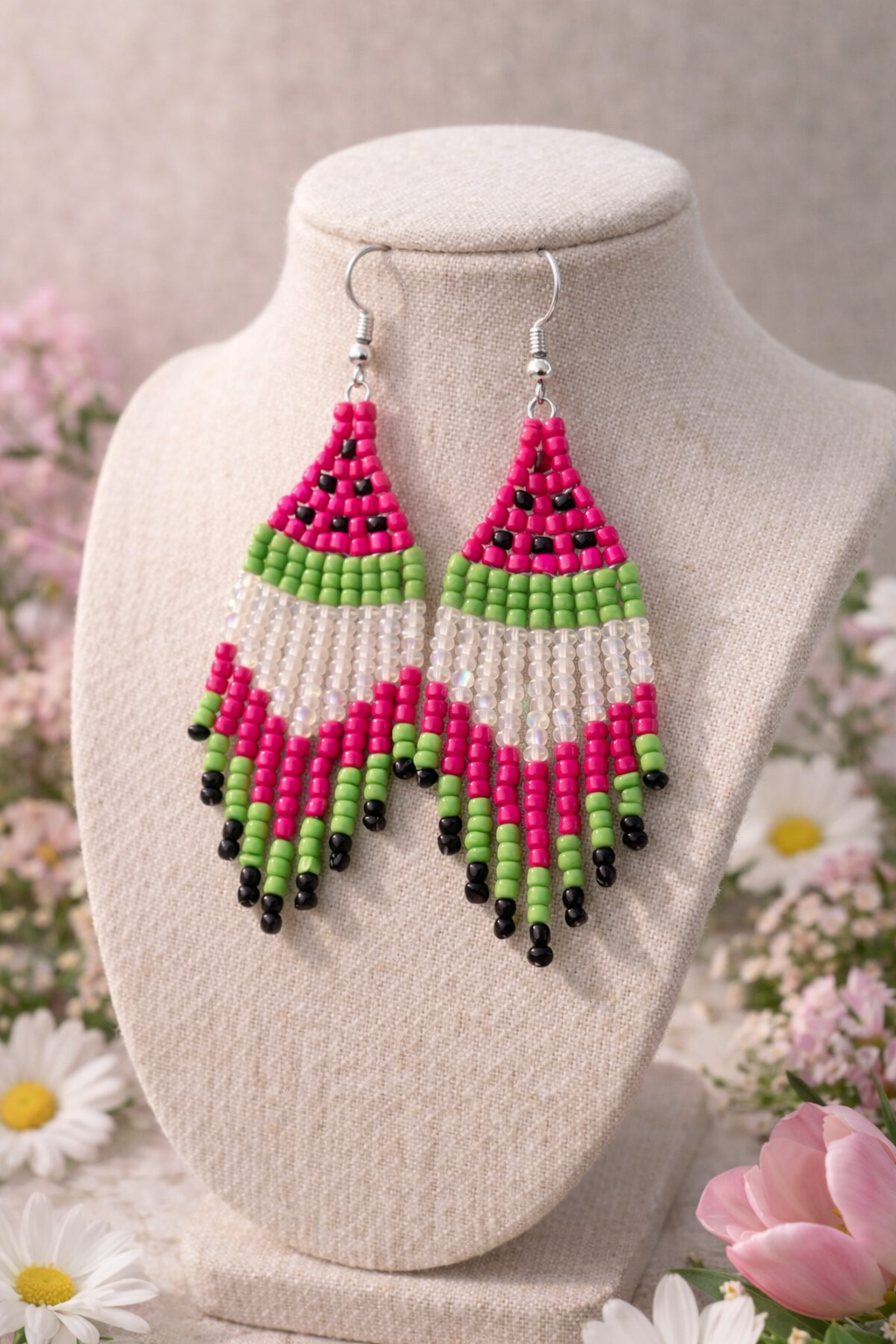 Hand Stitched Watermelon Fringe Earrings