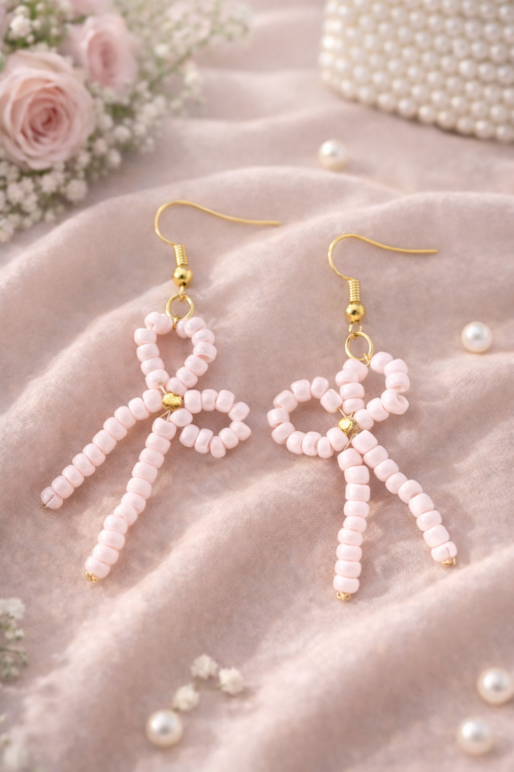 Pearl Pink Beaded Bow Earrings