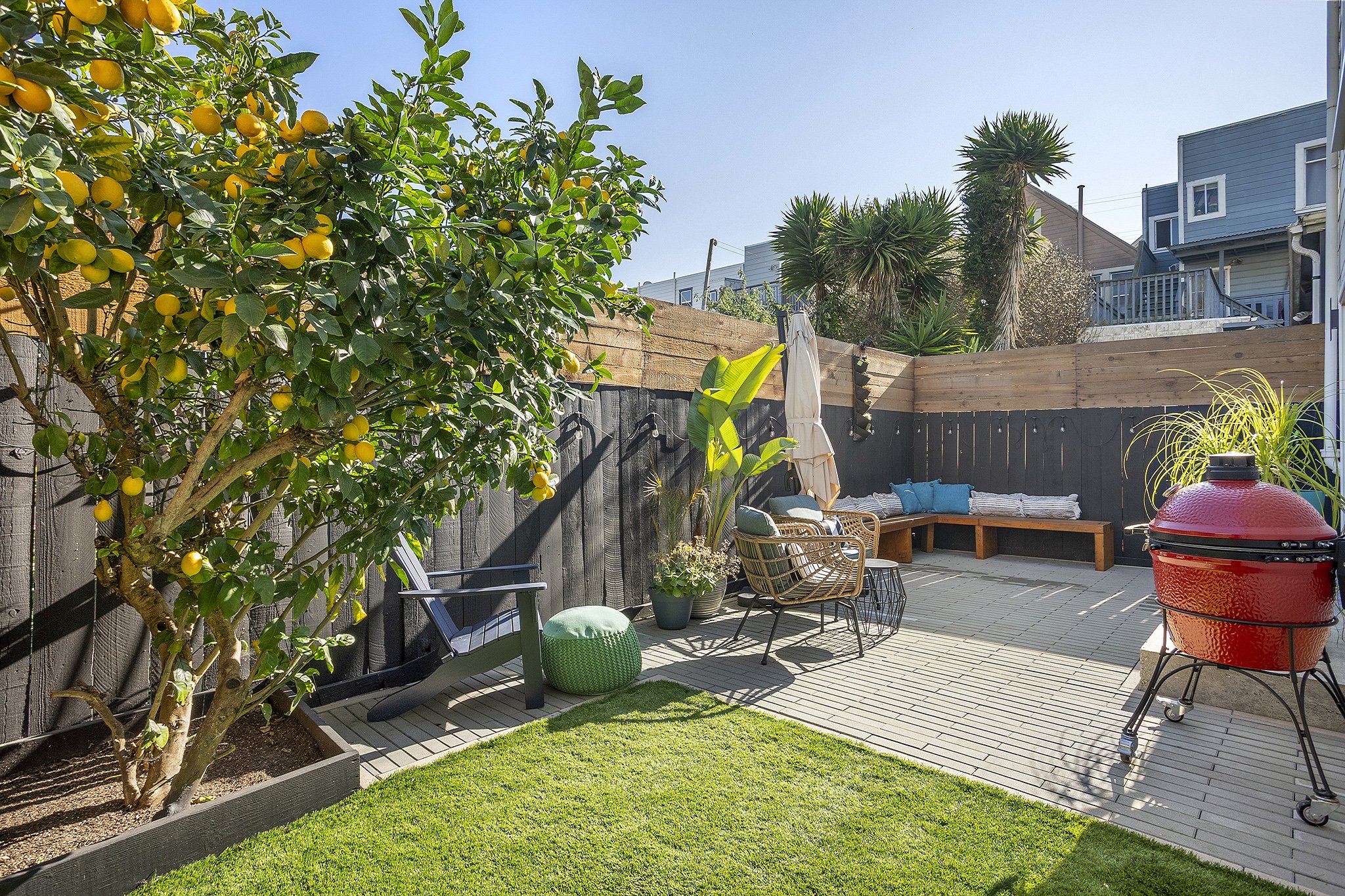 Backyard with lemon tree, lounge chairs, table, potted plants, and a red kettle-style grill on a cast iron stand, with a wooden fence and neighboring houses in the background.