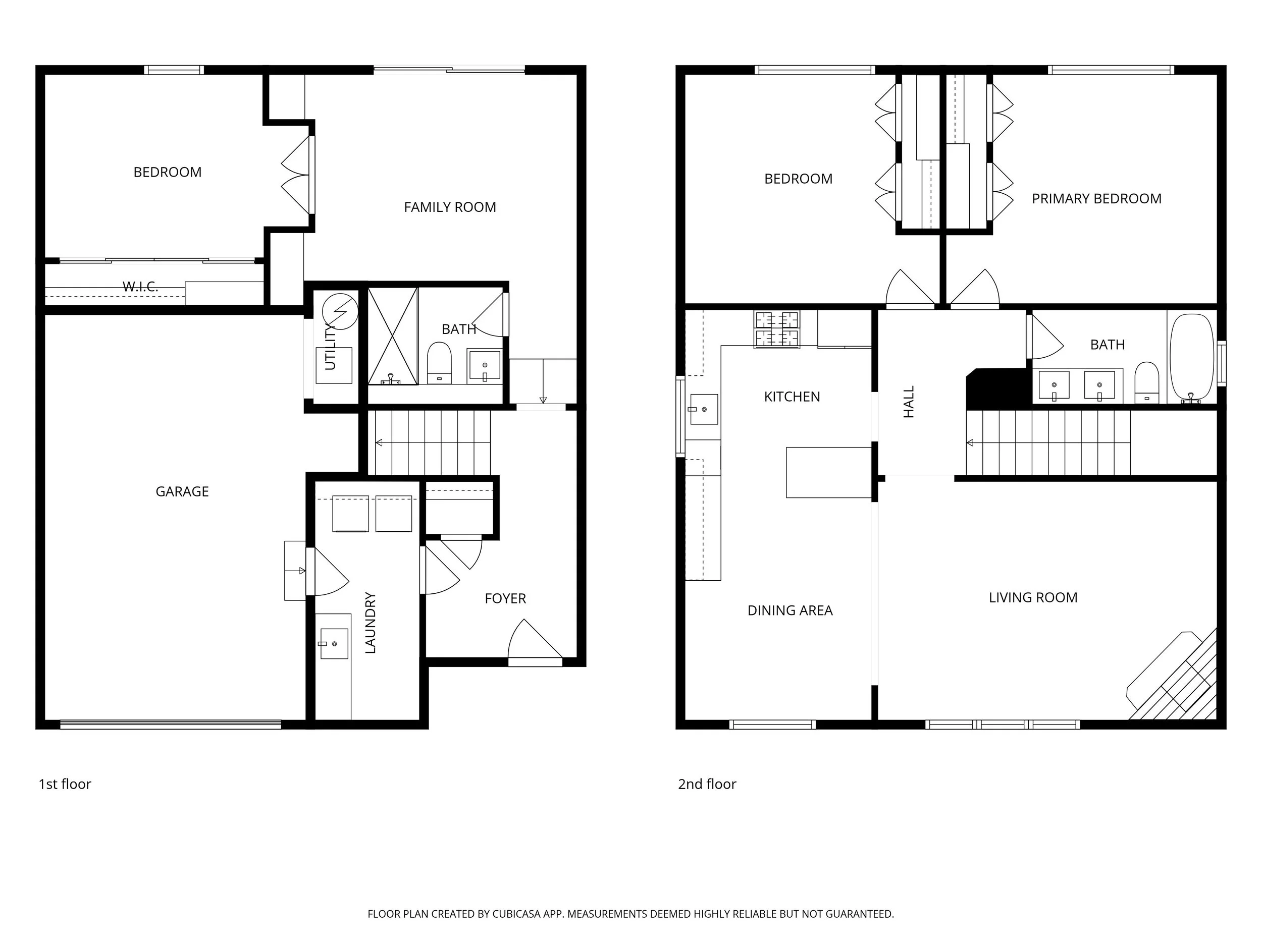 Floor plan showing the first and second floors of a house. The first floor includes a garage, laundry room, foyer, bedroom, family room, utility, and bathroom. The second floor includes a living room, dining area, kitchen, hall, two bedrooms, primary bedroom, and bathroom.