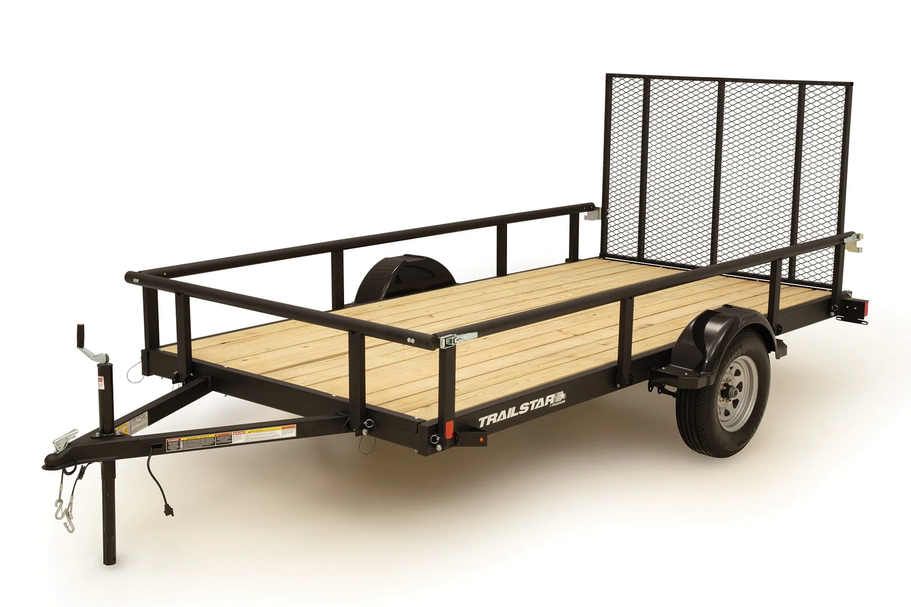 A black utility trailer with a wooden deck, side rails, and a mesh ramp gate, positioned on a white background.