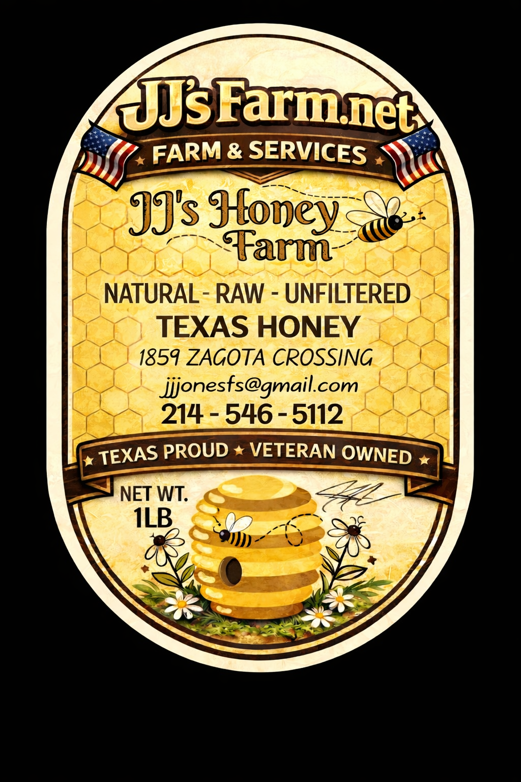 Label for JJ's Honey Farm featuring Texas honey, showing a honeycomb and bees, with contact information and a banner indicating veteran ownership.