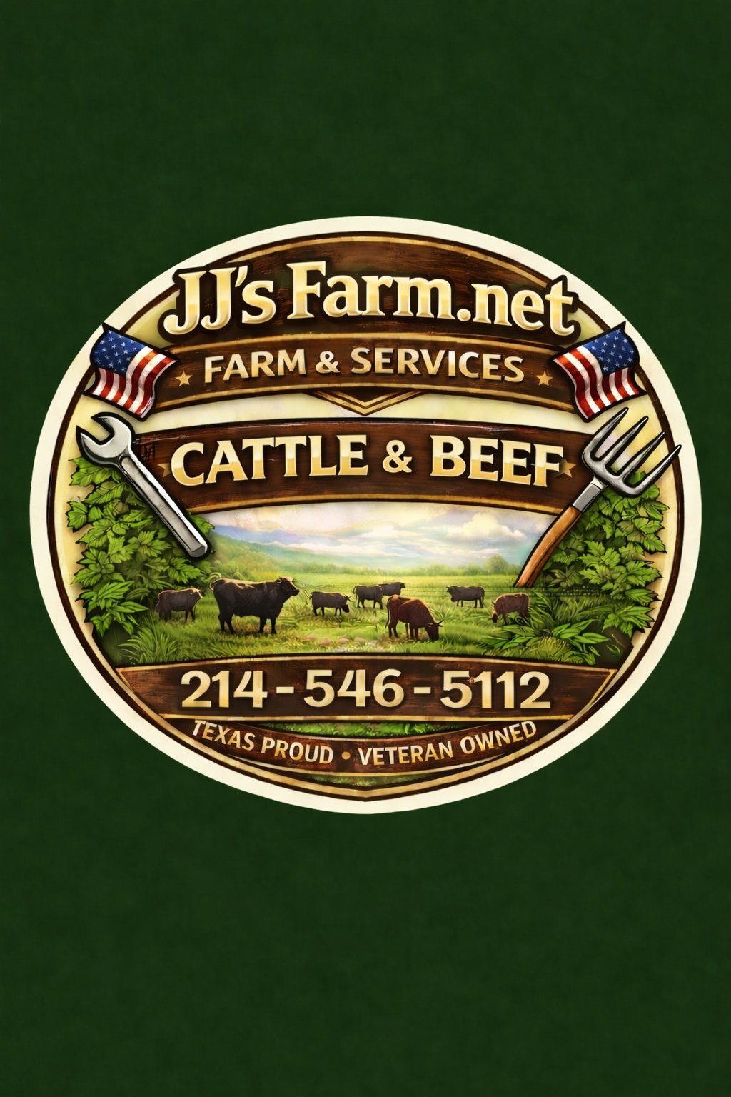 A circular logo for JJ's Farm.net featuring farm and service icons, a pasture with cows, and text indicating Texas pride and veteran ownership.