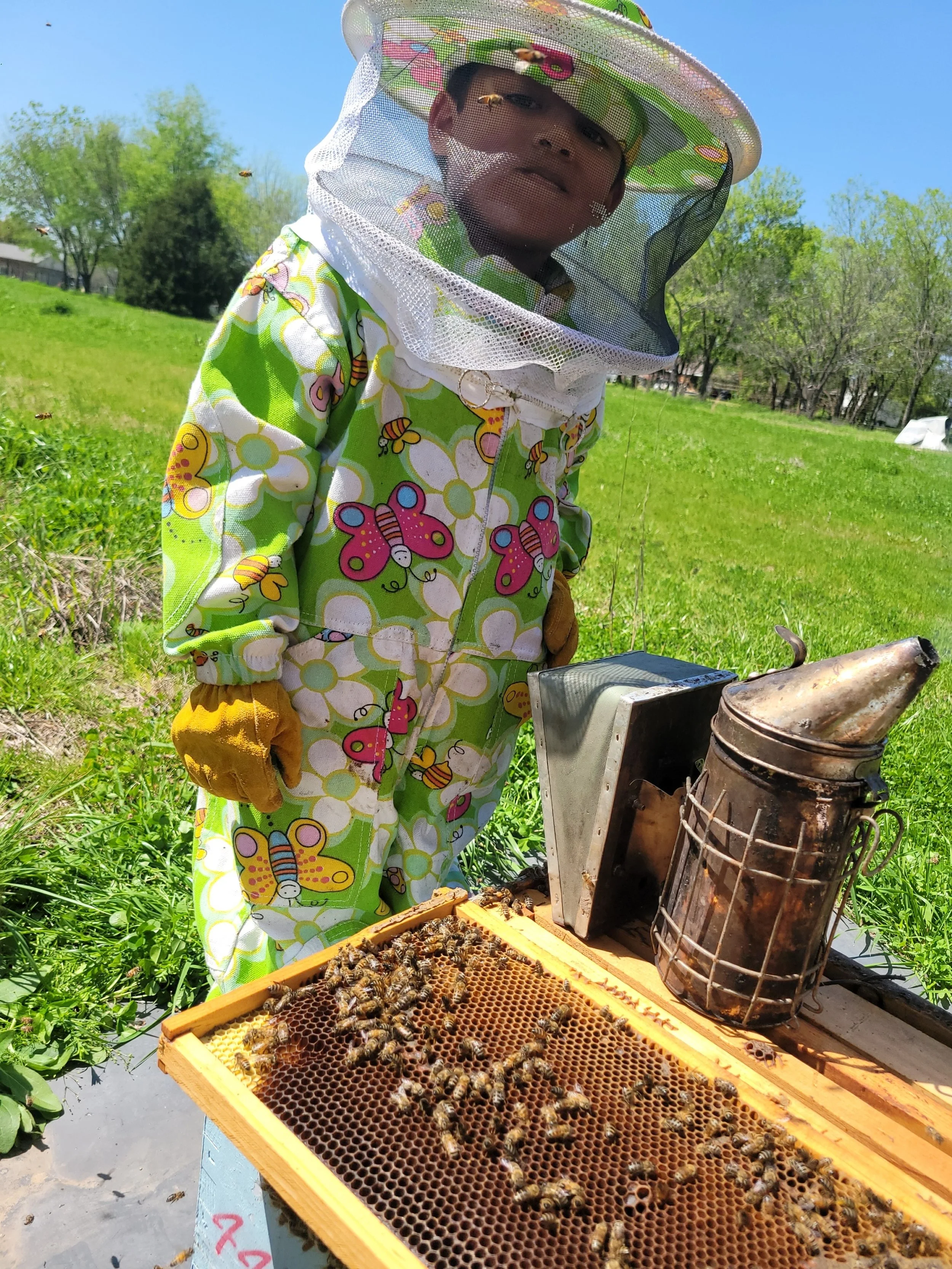 A young person in a colorful butterfly-patterned beekeeping suit and a protective hat with veil is standing outdoors near a beehive, observing bees on a honeycomb frame. The background features green grass, trees, and a blue sky.