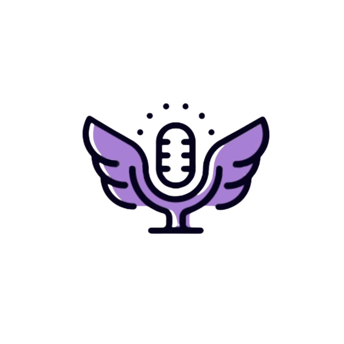 A purple microphone with wings and a radiant glow, symbolizing podcast or audio content.