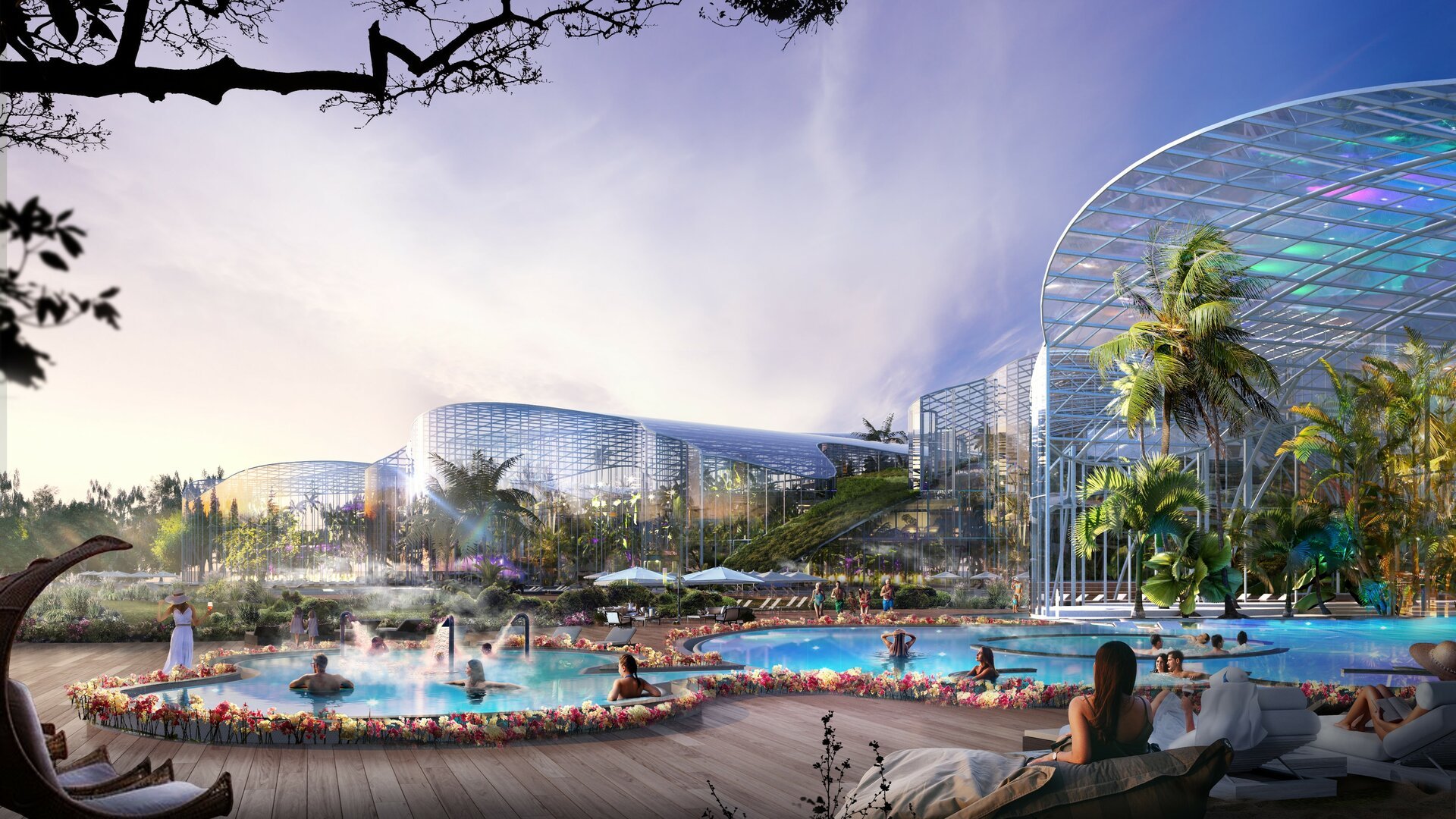A vibrant futuristic resort with palm trees, outdoor pools, and modern glass buildings under a colorful sky.