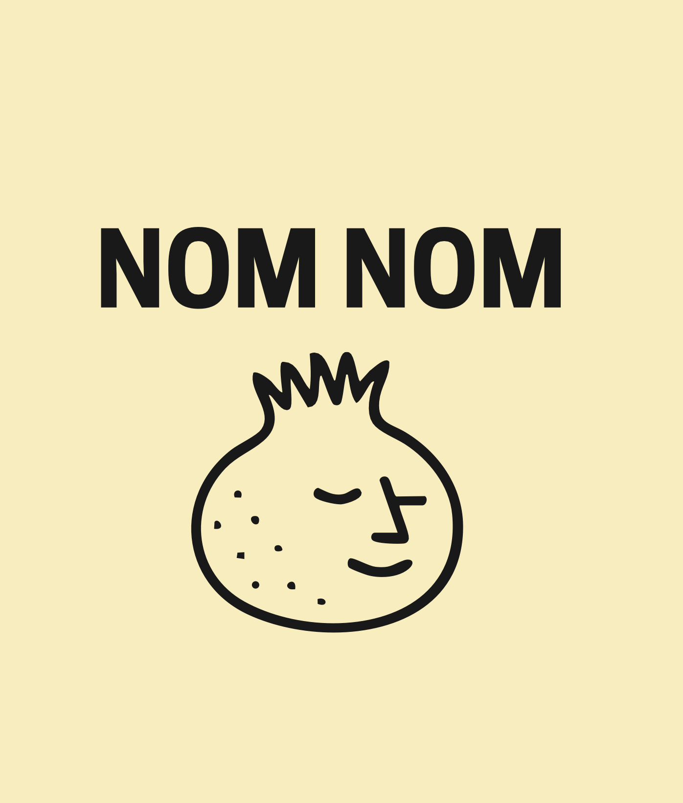 A cartoon potato with a happy face and a sprout on top, with the words 'NOM NOM' above.