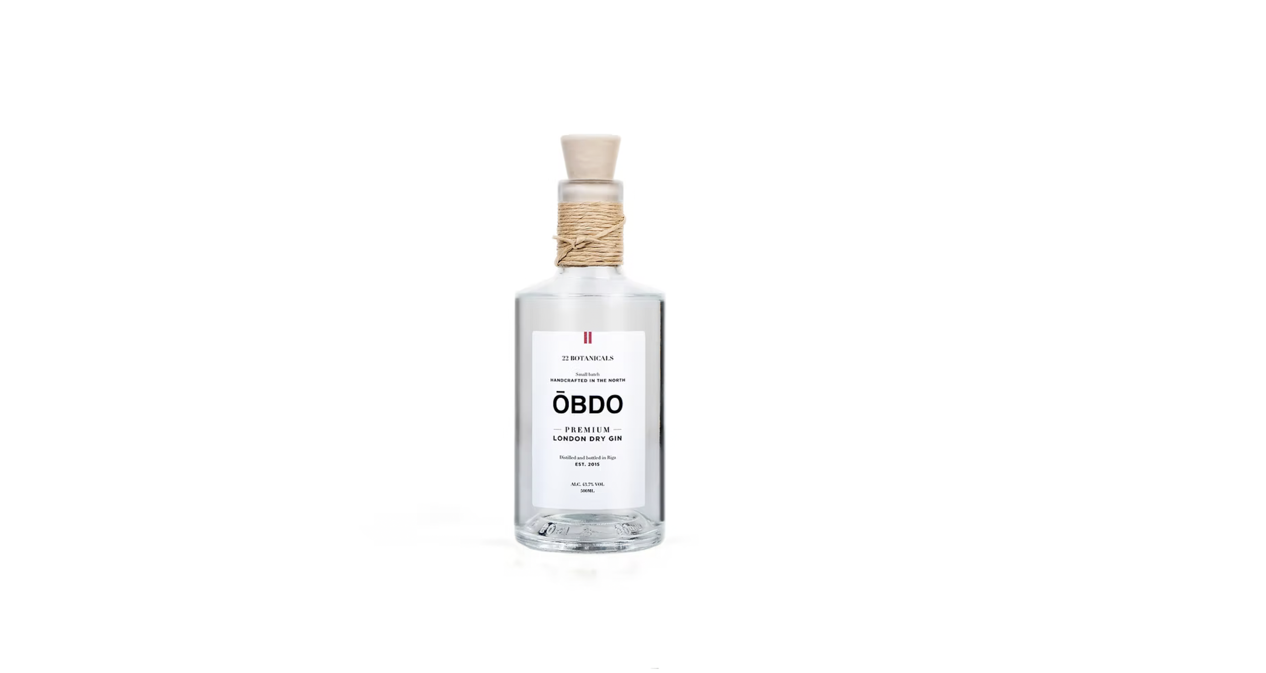 A clear glass bottle with a wooden cap, wrapped with a twine band around its neck, containing London dry gin labeled 'ÖBDO' with additional product information.