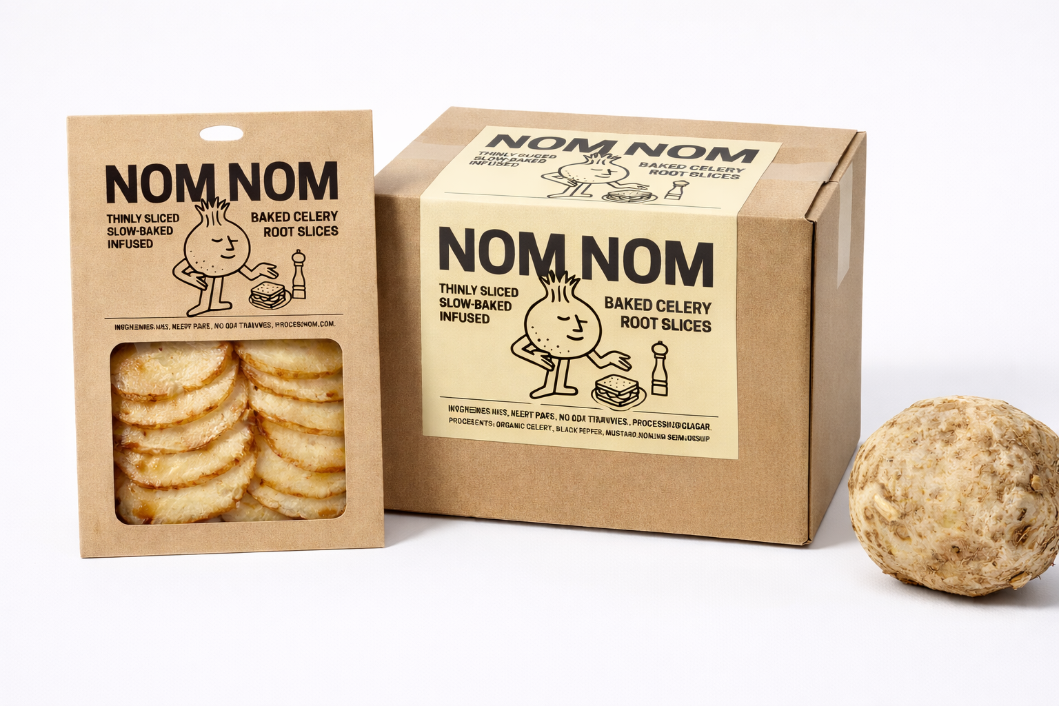 Eco-friendly packaging of baked celery root slices with a jar of pickled vegetables and a whole celery root on a white background.