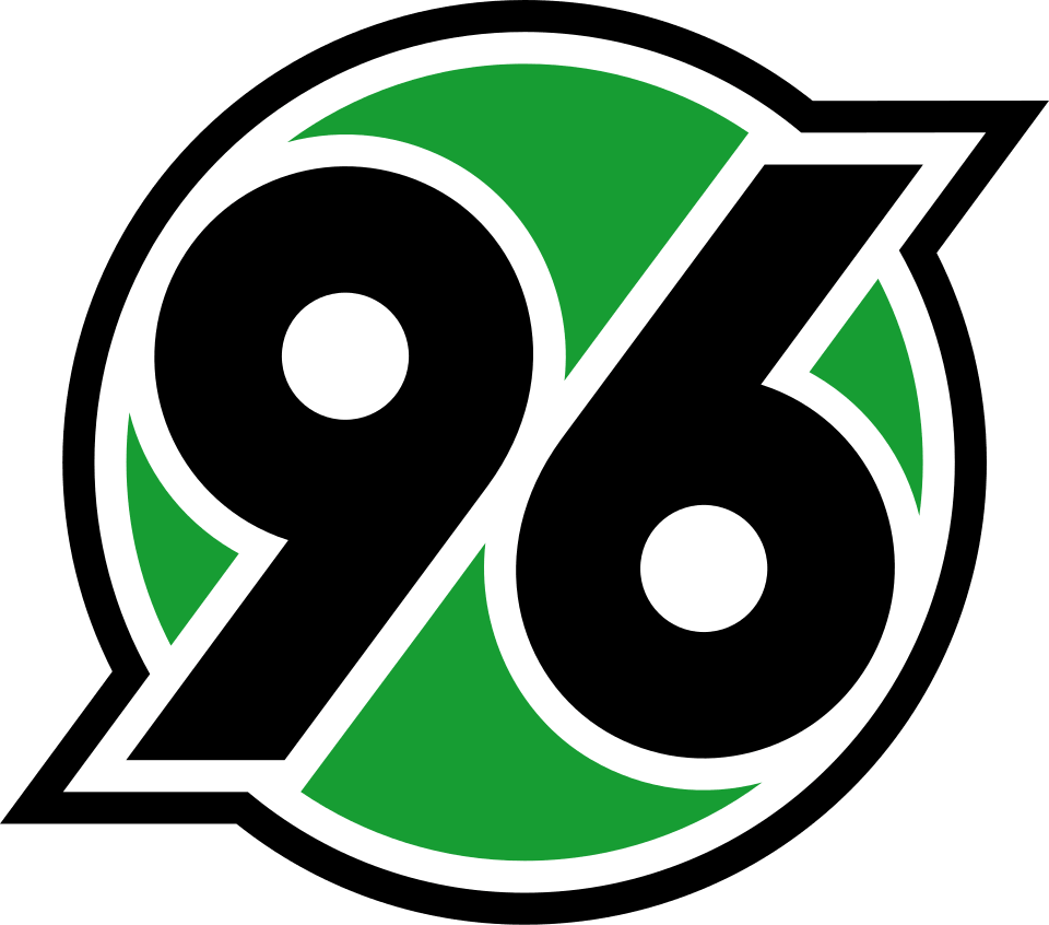 Ein Logo Hannover 96 in schwarz, umgeben von grünen und weißen Elementen auf schwarzem Hintergrund.