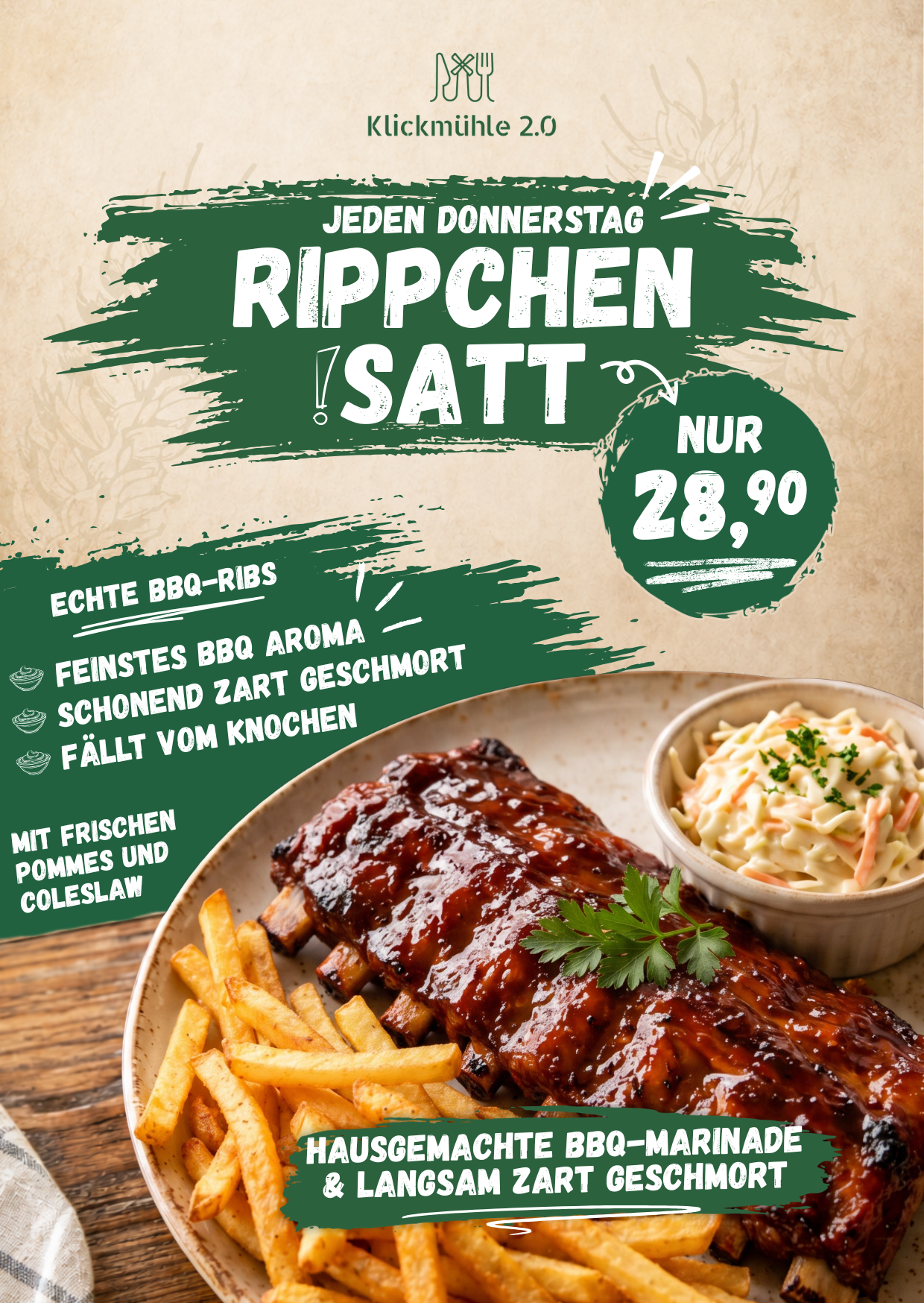 Werbung für ein Restaurantangebot, das jeden Donnerstag Rippchen serviert. Das Bild zeigt ein großes Stück BBQ-Rippchen mit Pommes, Cole Slaw und einem dicken BBQ-Dip. Text hebt die Qualität, den Geschmack und die hausgemachte Marinade hervor, mit einem Preis von 28,90 Euro.