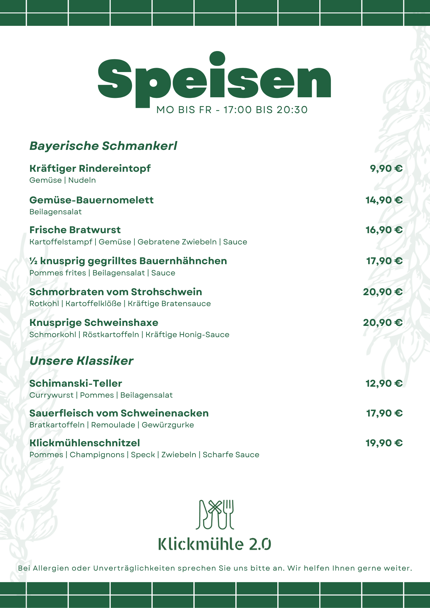 Eine Speisekarte mit verschiedenen Gerichten und Preisen, inklusive bayerischer Spezialitäten wie Rinderbrust, Schweinswürstchen, Schweinebraten und Klickenmühle 2.0