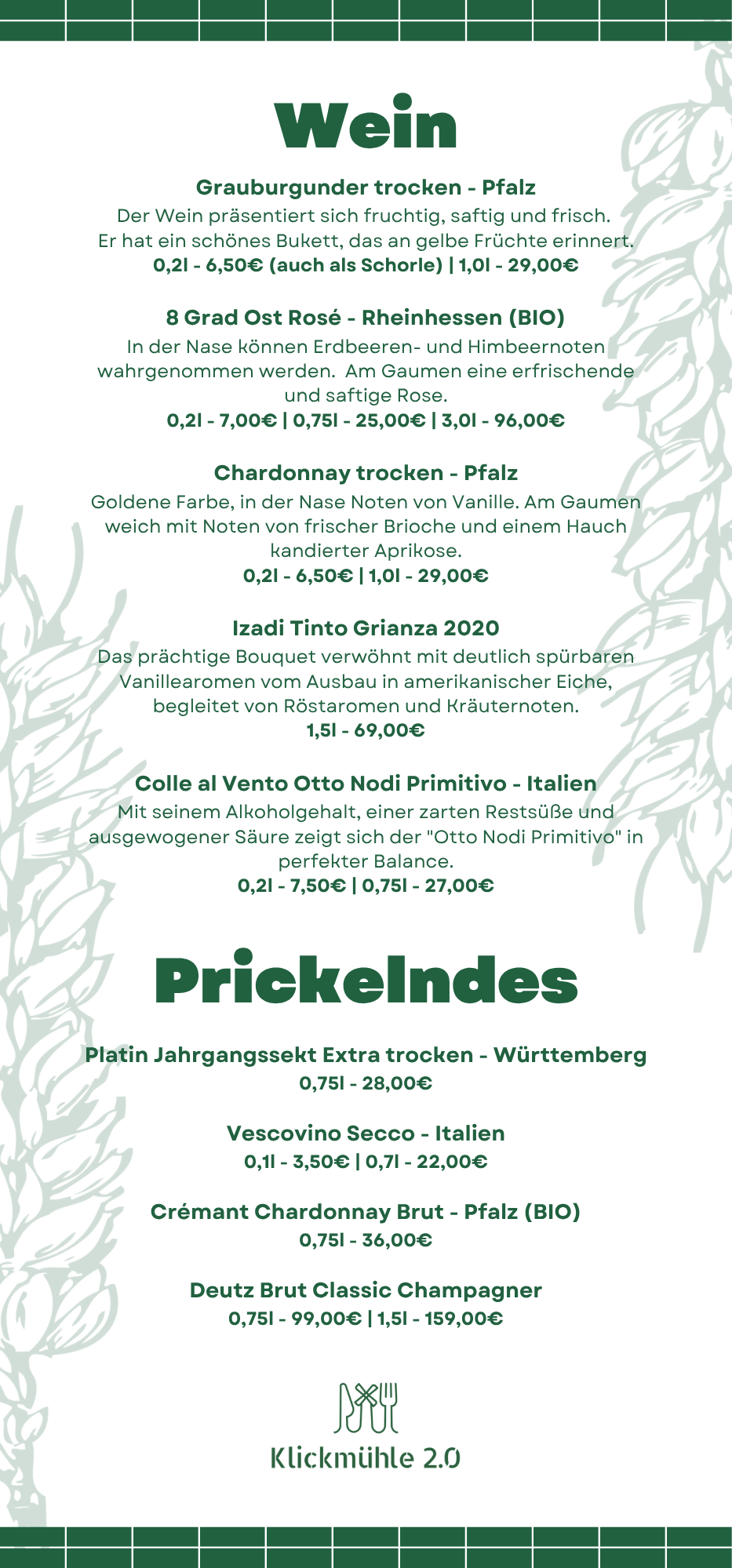 Preisliste für Wein und Sekt mit Beschreibungen und Preisen in der Klickmühle 2.0.