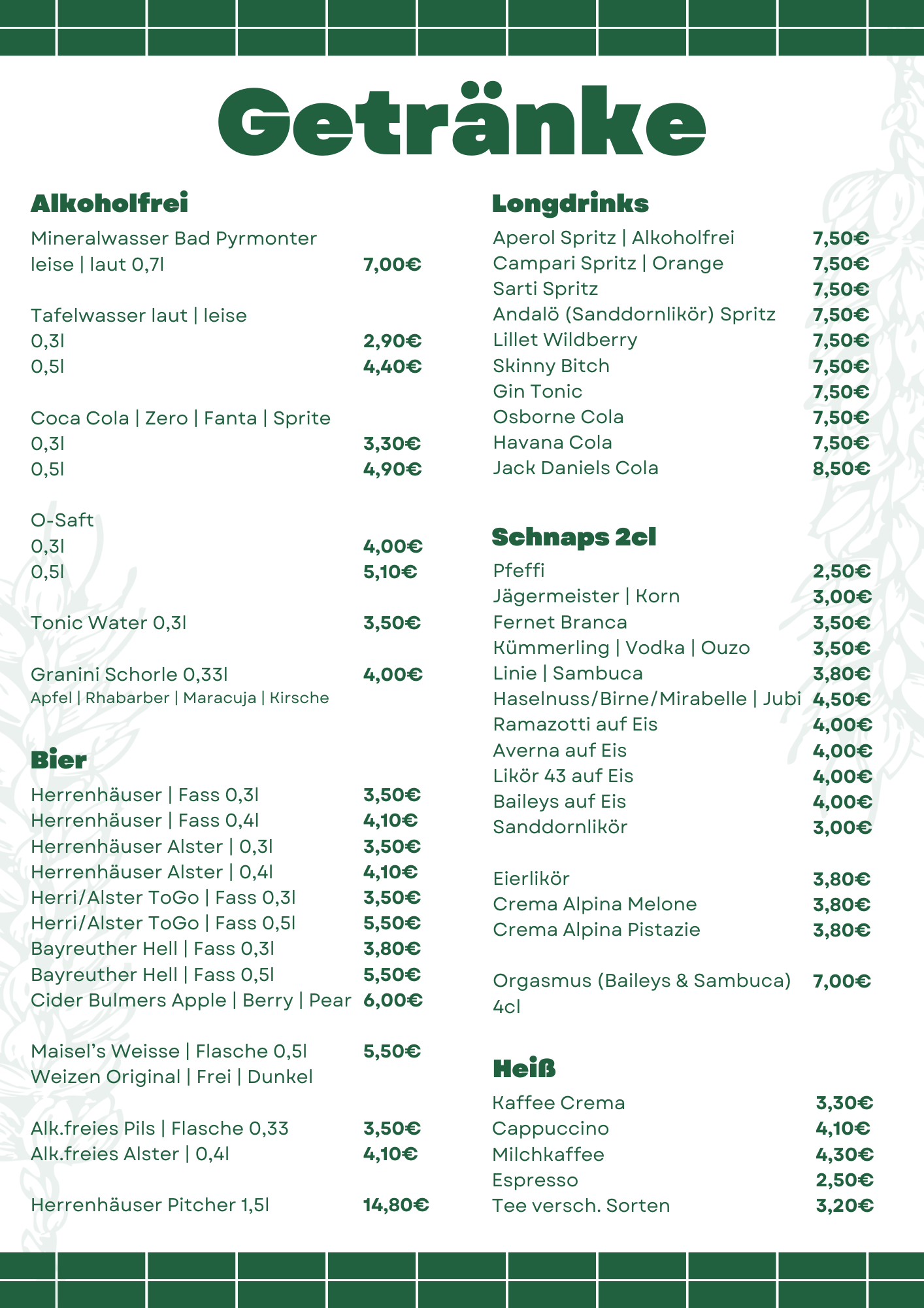 Getränkekarte mit Getränken, aufgeteilt in alkoholfreie Getränke, Longdrinks, Bier und heiße Getränke der Klickmühle 2.0
