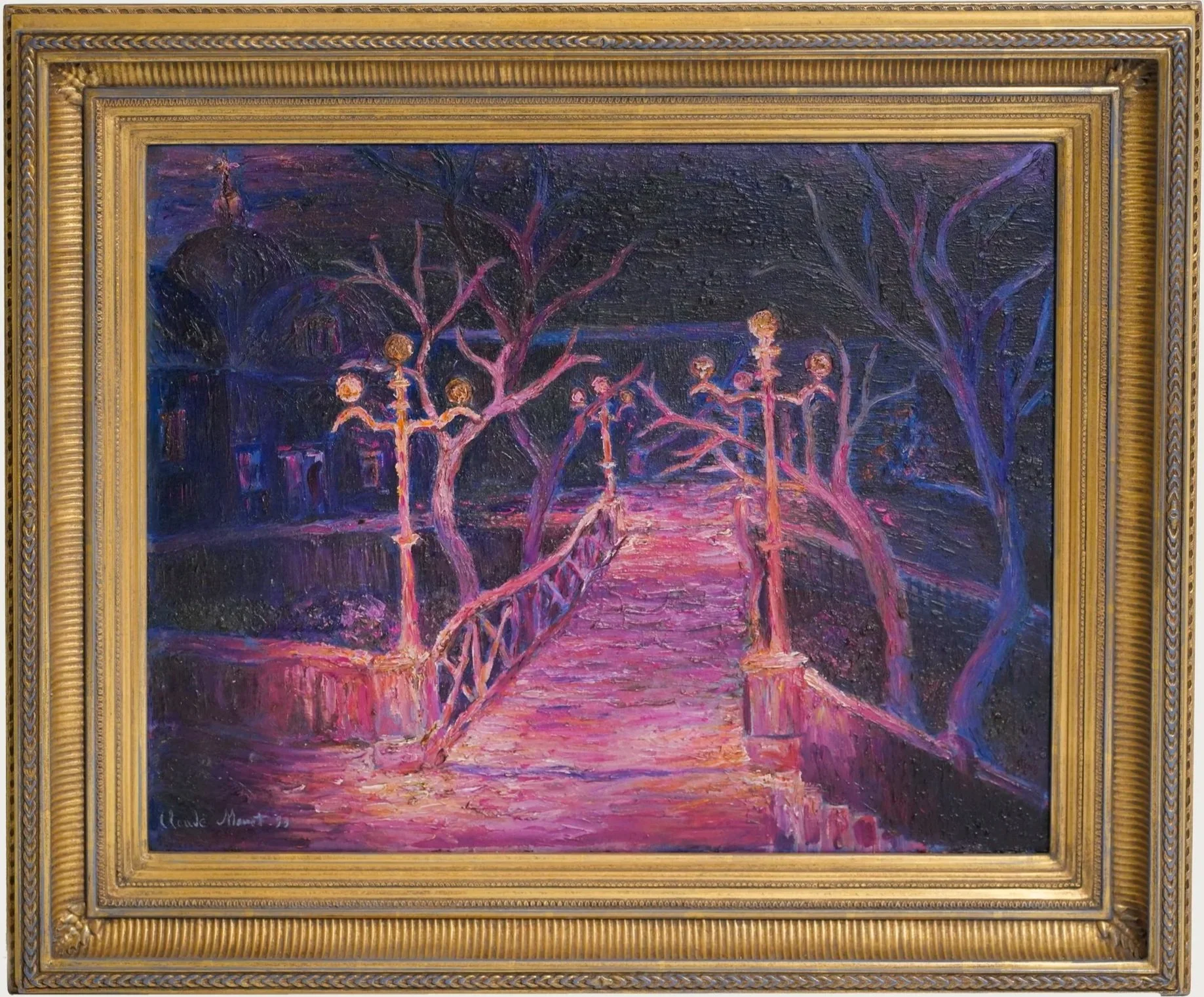 An impressionist painting of a foot bridge, with an archway of twisted branches illuminated by streetlights at dusk, painted with shades of purple, pink, and blue, and framed in ornate gold.