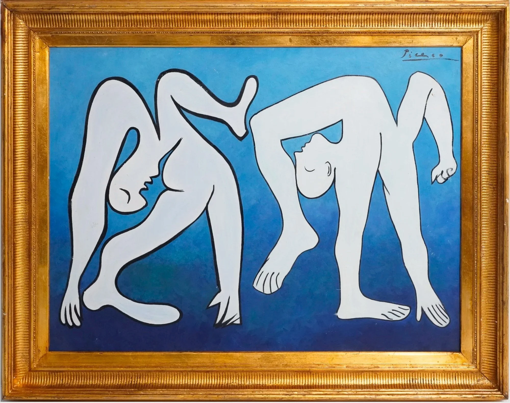 A framed painting of two abstract humanoid figures with minimal facial features, depicted in white with black outlines against a blue background. The figures are positioned close together, with one lying on its side and the other on its knees, facing each other.