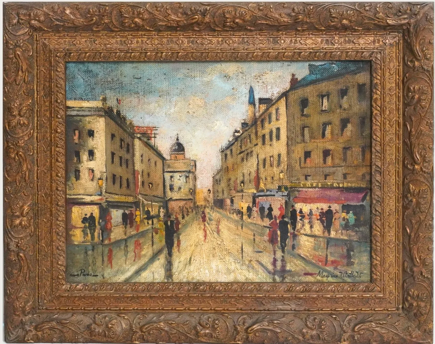 A painting of a city street scene in Paris, France, with buildings, people walking, and a church with a dome in the background, framed with an ornate, carved gold frame.