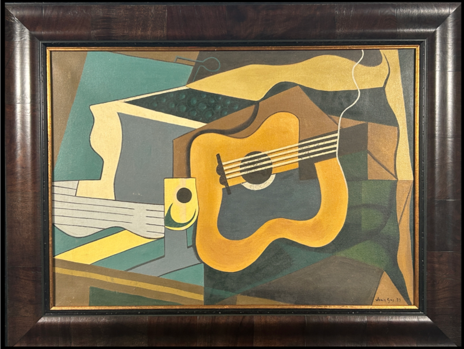 Cubist-style painting of a guitar, an amplifier, and musical notes with earthy tones and abstract shapes.