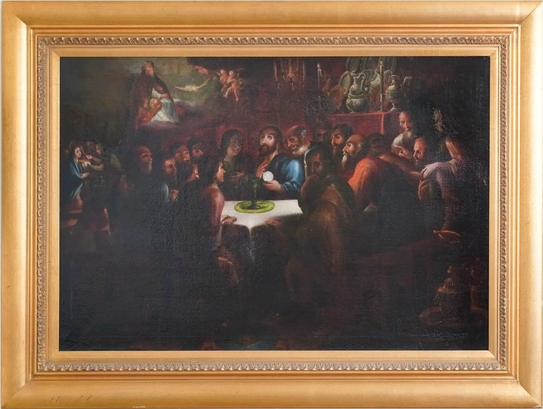 Wooden framed oil painting depicting a biblical scene with many people gathered around a table, with a figure pointing towards a divine figure above.