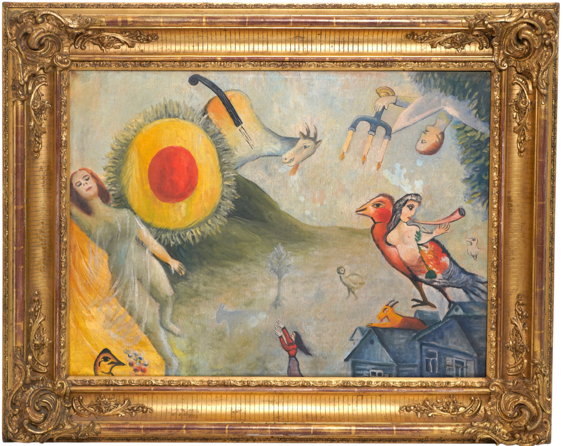 A surreal painting featuring a woman with long hair in a yellow dress, a large eye, mythical creatures like a unicorn and a dragon, a house, and a person holding a telescope, all within an ornate gold frame.