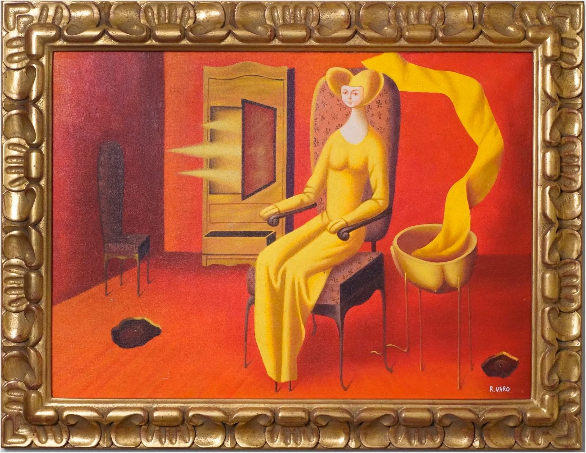 A surrealist painting of a woman with a large, yellow hat and matching yellow dress sitting in a chair in a room with orange walls. There is an open cabinet emitting light, a red chair, and a black object on the floor. The painting has an ornate gold frame.