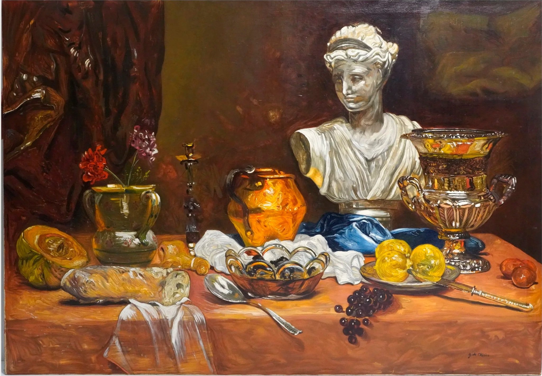A still life painting featuring a bust of a woman, various ornate vases, a bowl of lemons, grapes, onions, and a cloth on a wooden table. Dark background with warm colors.