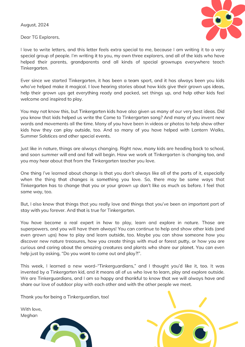 Letter written to Tinkergarten kids