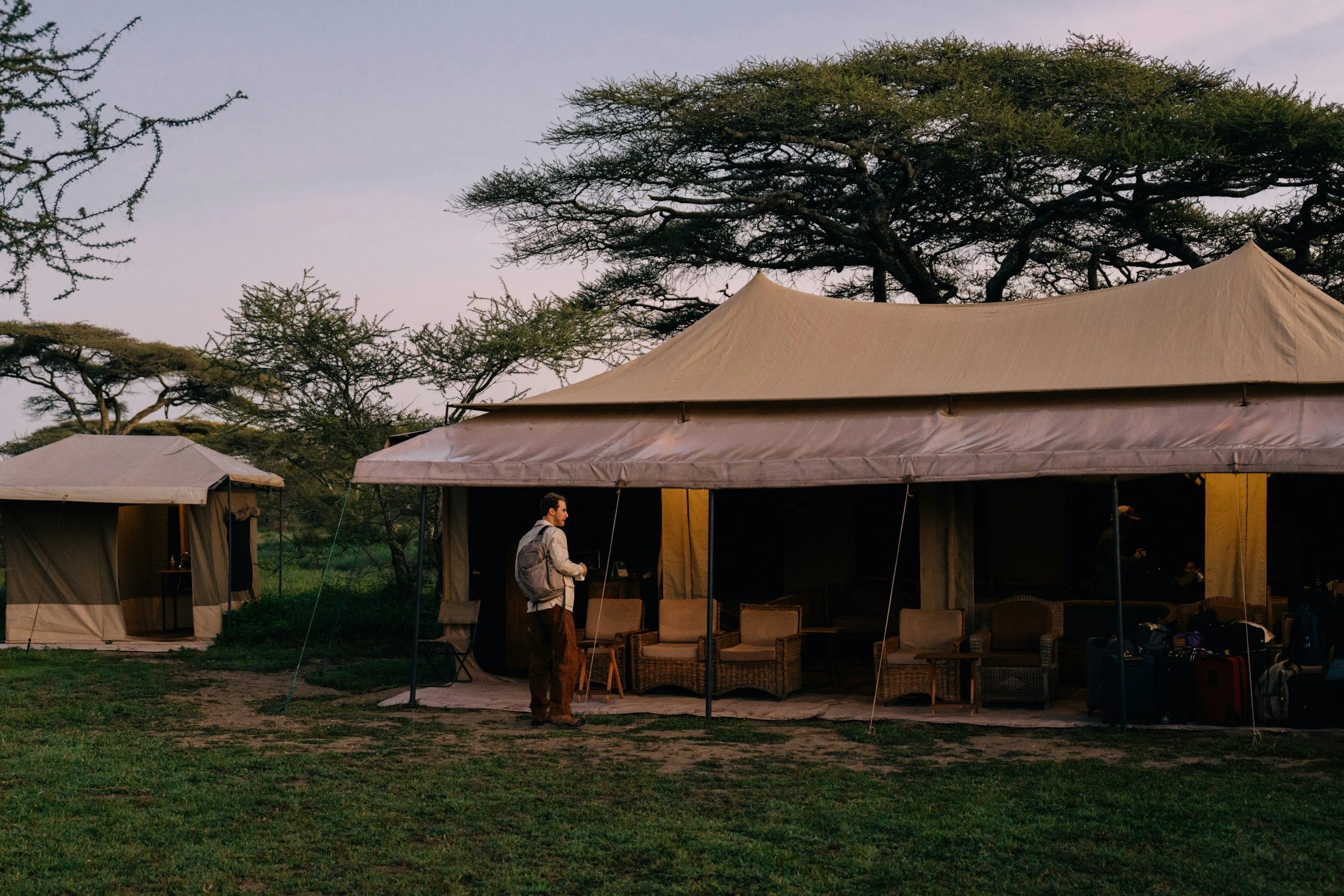 A person standing outside a large beige camping tent surrounded by trees during dusk, with luggage nearby.
