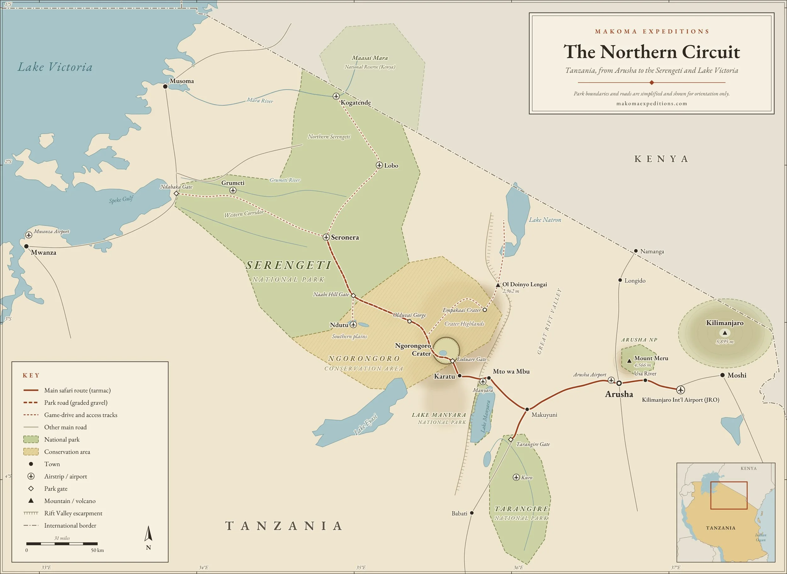 Map of northern Tanzania showing routes and locations within the Serengeti and Ngorongoro conservation areas, including game drives, park roads, cities, lakes, and mountain features.