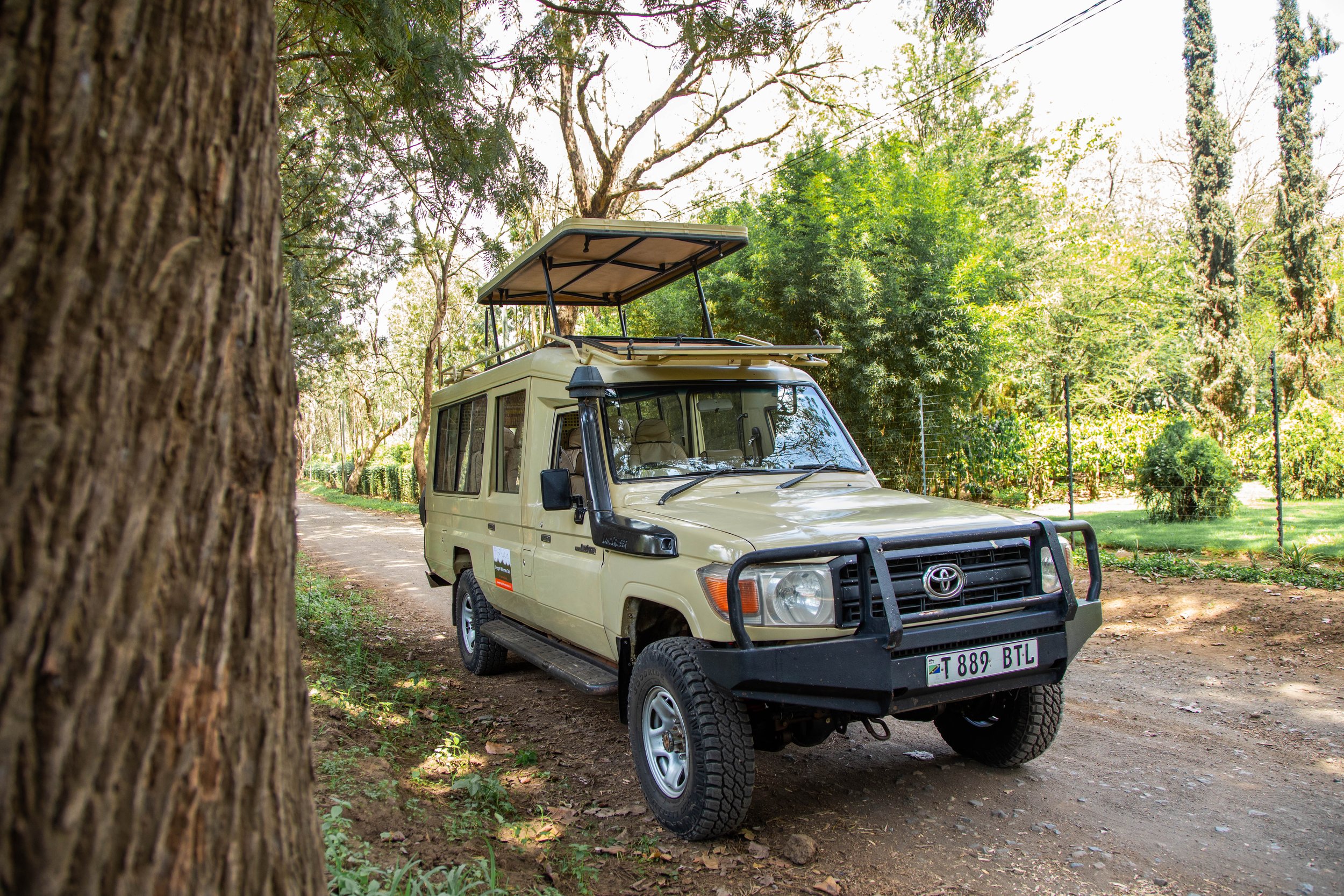 A beige Toyota Land Cruiser with a roof tent parked on a dirt path in a green, wooded area.