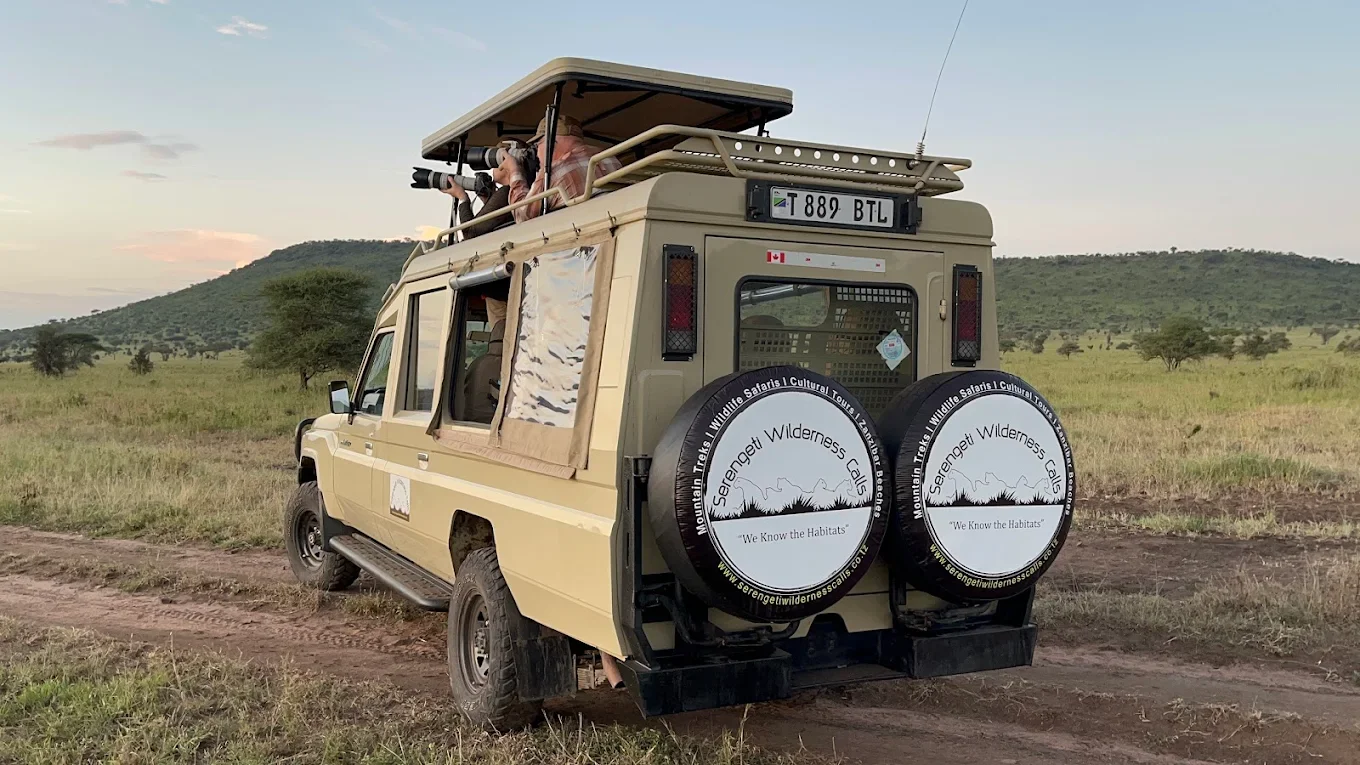 A safari vehicle with spare tires on the back labeled 'Serengeti Wilderness Cabs' parked in an open grassland with hills in the background, a person looking through binoculars in the roof viewing platform, holding a camera, during daylight.