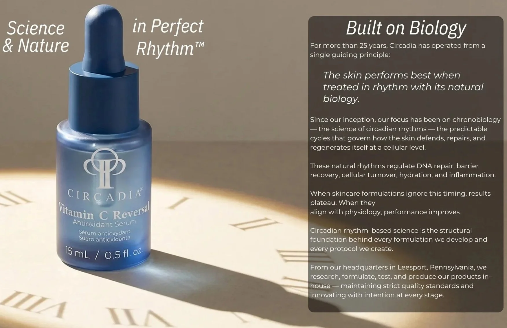 A blue bottle of Circadia Vitamin C Reversal antioxidant serum with a spray cap, placed on a surface with shadows and text describing the product's science and benefits about circadian rhythms and skin health.