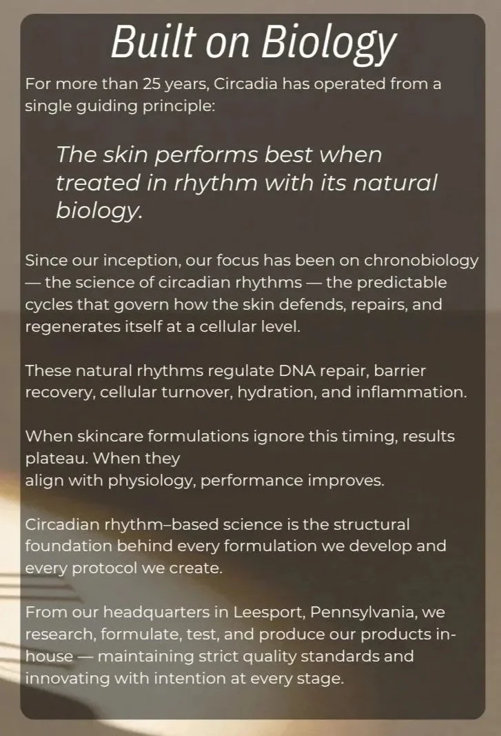 Text on a dark background discussing circadian rhythm and skin biology in relation to skincare formulations, mentioning a headquarters in Leesport, Pennsylvania.