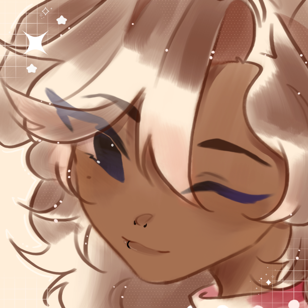 Close-up digital illustration of a character with light brown, wavy hair and dark blue eyes, with a gentle smile, surrounded by sparkles and a soft, pastel background.