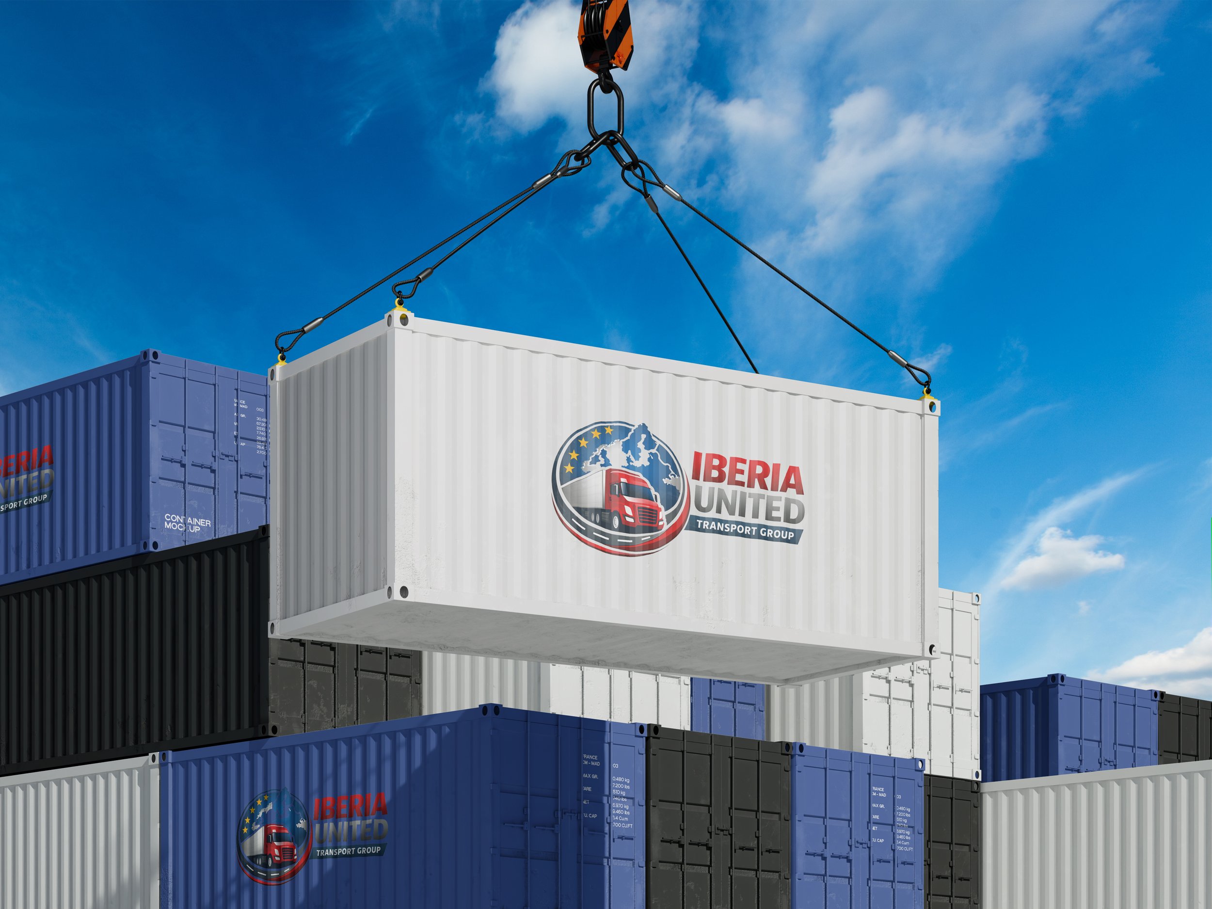 A white shipping container with the Iberia United Transport Group logo is being lifted by a crane over stacked blue, black, and white containers under a partly cloudy blue sky.