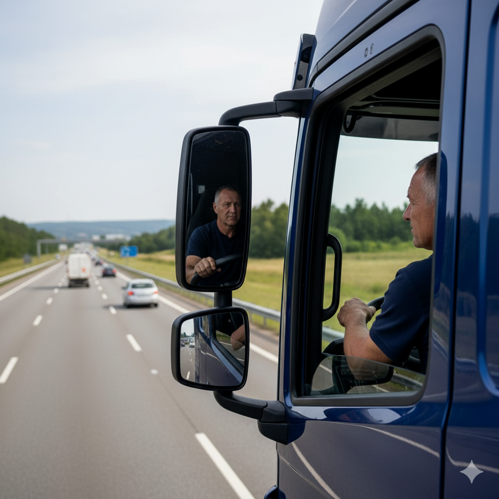 A professional Iberia United Transport Group truck driver at the wheel, focused on the road ahead during a night delivery, showcasing our commitment to reliable 24/7 logistics.