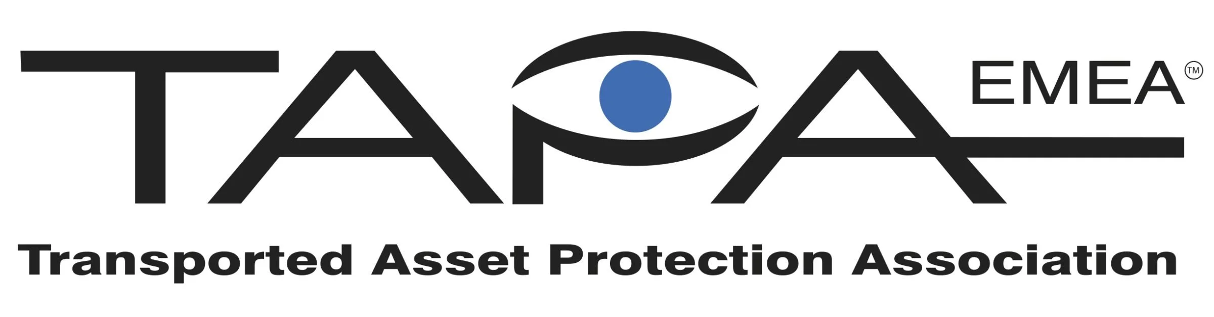 Logo of TAPA EMEA, the Transported Asset Protection Association, featuring stylized text with a blue dot inside an eye shape and black text beneath.