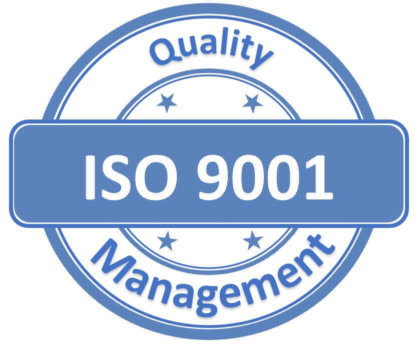 Blue and white certification badge with the text 'ISO 9001' in the center. The badge includes the words 'Quality' at the top and 'Management' at the bottom, with stars in the inner circle.