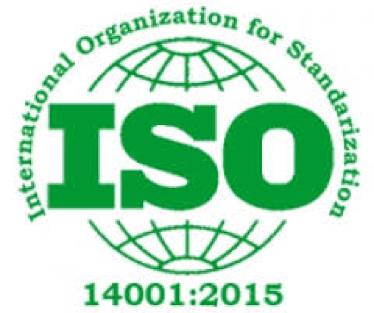 ISO logo with a globe design and the text 'International Organization for Standardization' and '14001:2015'.