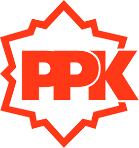 PPK logo with red text inside a black starburst shape and a red border.