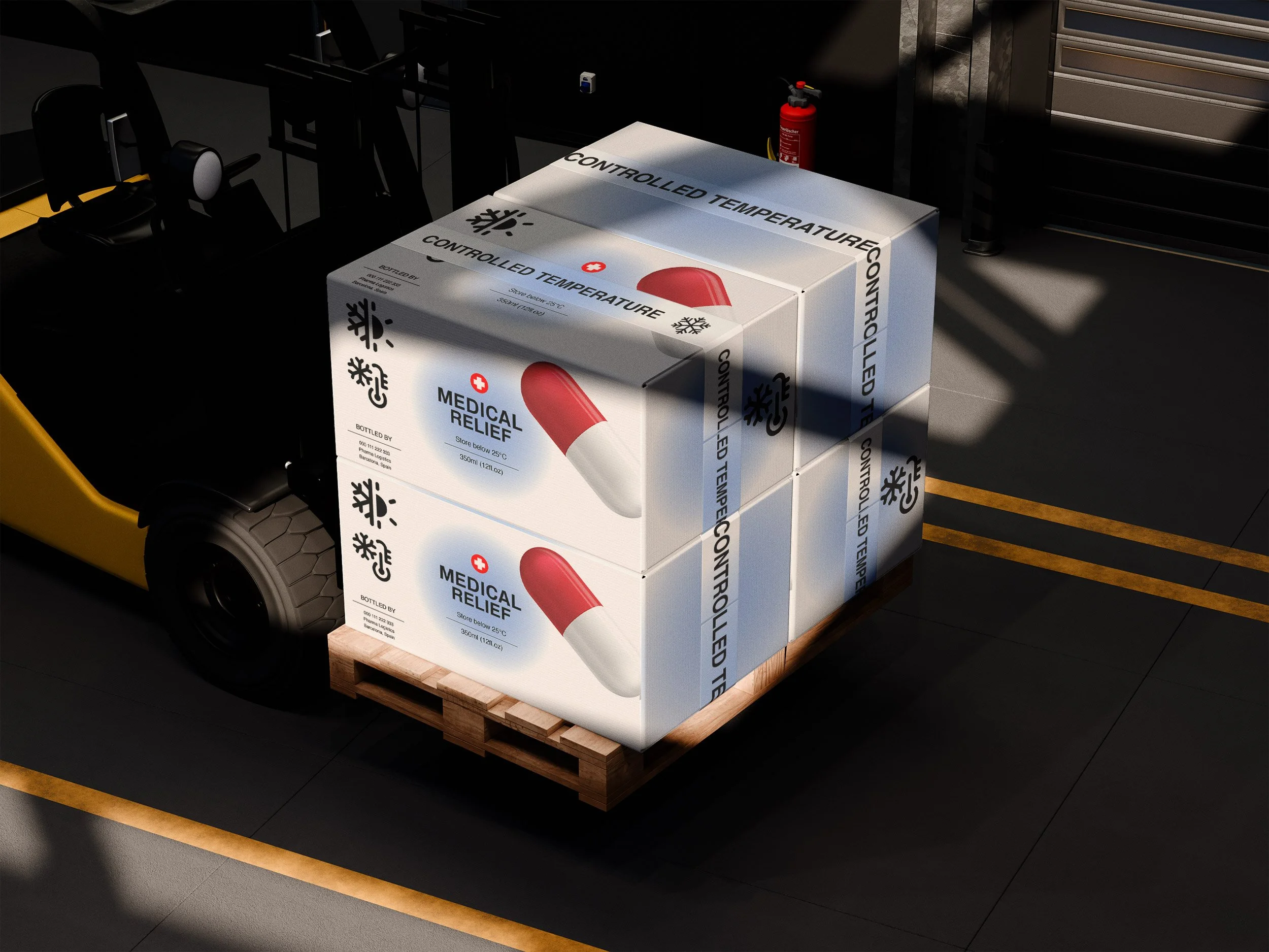Three boxes labeled 'Medical Relief' containing capsules, stacked on a wooden pallet, placed on a black warehouse floor near a yellow forklift with black tires.