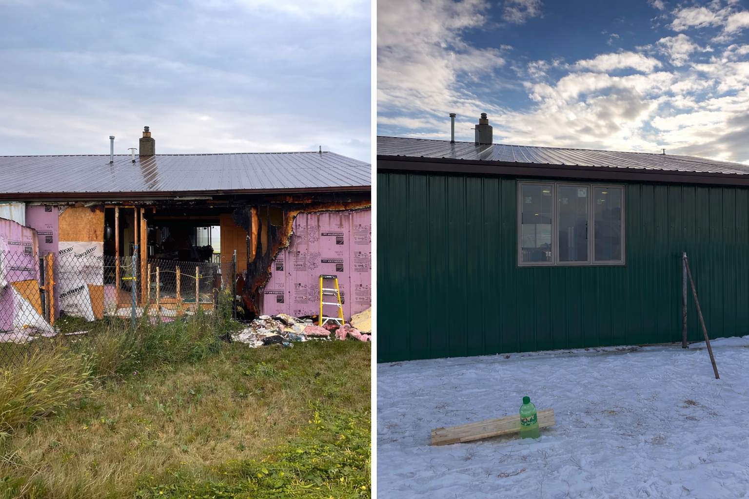 Comparison of two house exteriors: the left side shows a damaged house with broken walls and exposed insulation, the right side shows a fully repaired green house with a window, snow on ground, and a bottle and wood plank in front.