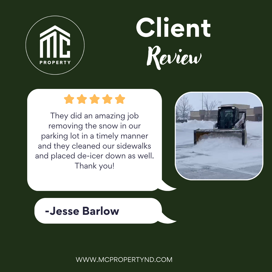 Customer review graphic for MC Property featuring a photo of a snow removal machine clearing snow from a parking lot, with the review praising the company's snow removal service.