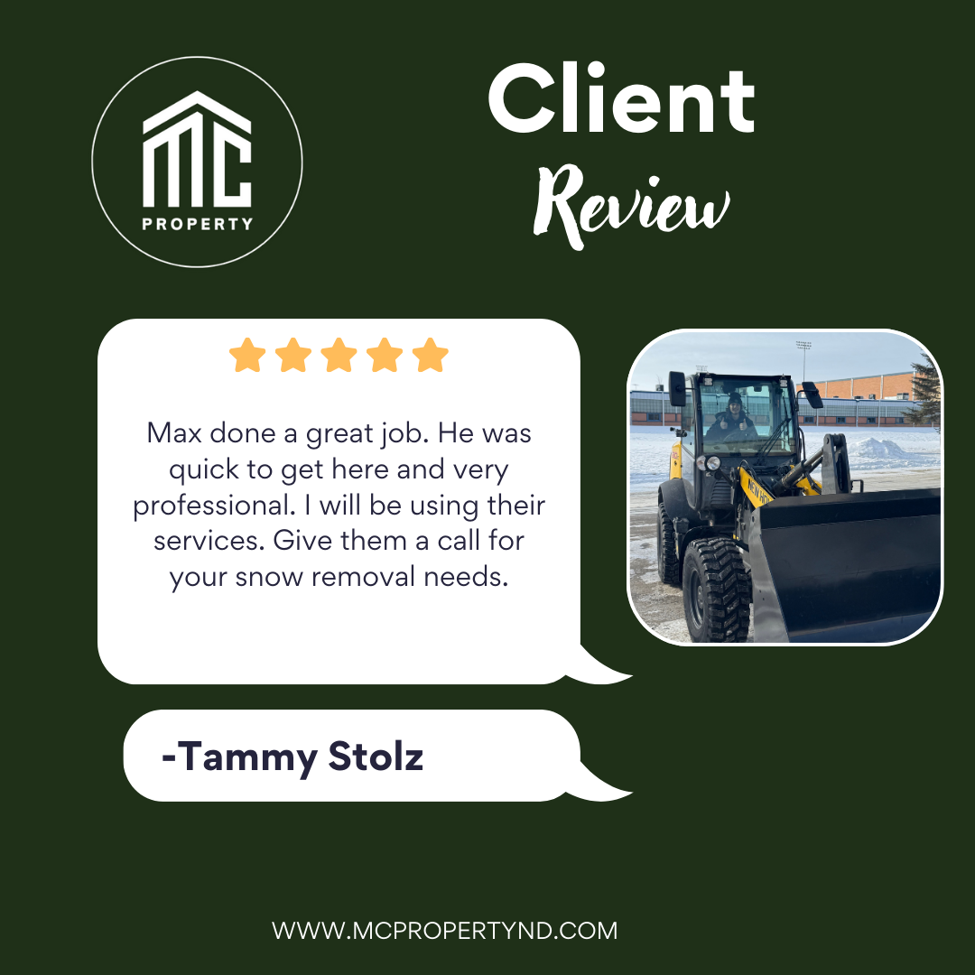 A digital property review graphic with a green background, company logo, a five-star rating, a customer review, a photo of a snow removal vehicle in winter, and website URL.