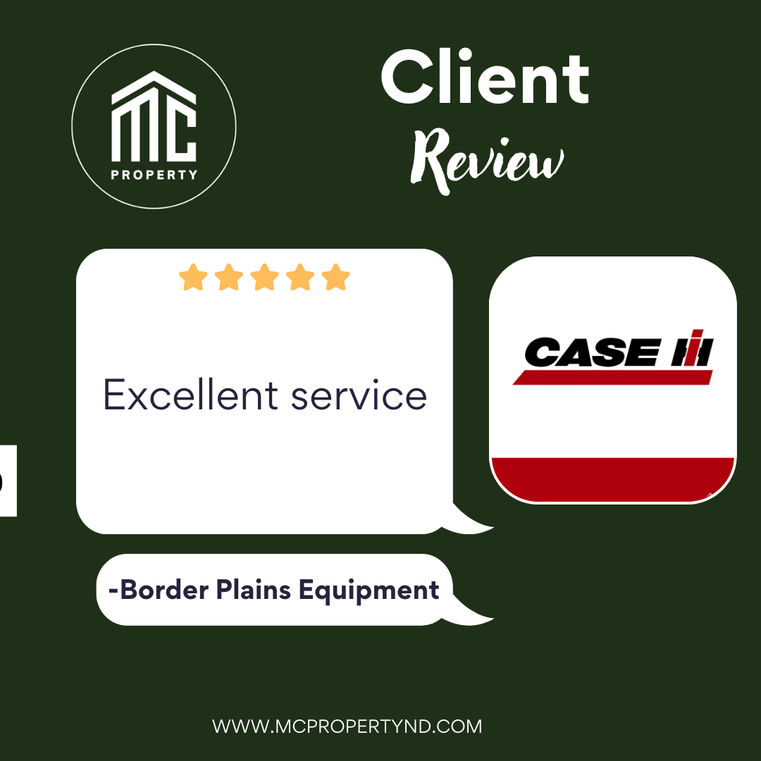 Graphic design with a green background, featuring logos of MC Property and Case IH, a client review with five stars and the quote 'Excellent service,' and a note indicating the service is for Border Plains Equipment. Website URL at the bottom.