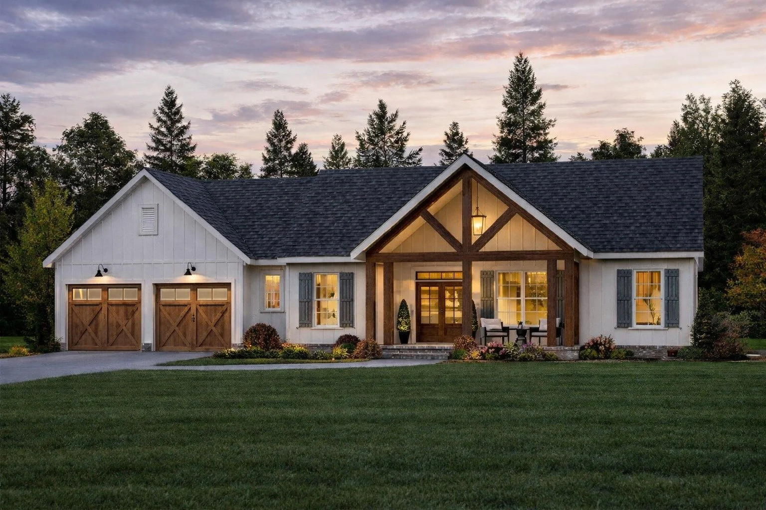 A house with a gabled roof, white siding, and wooden accents, surrounded by a well-kept lawn and trees at sunset.