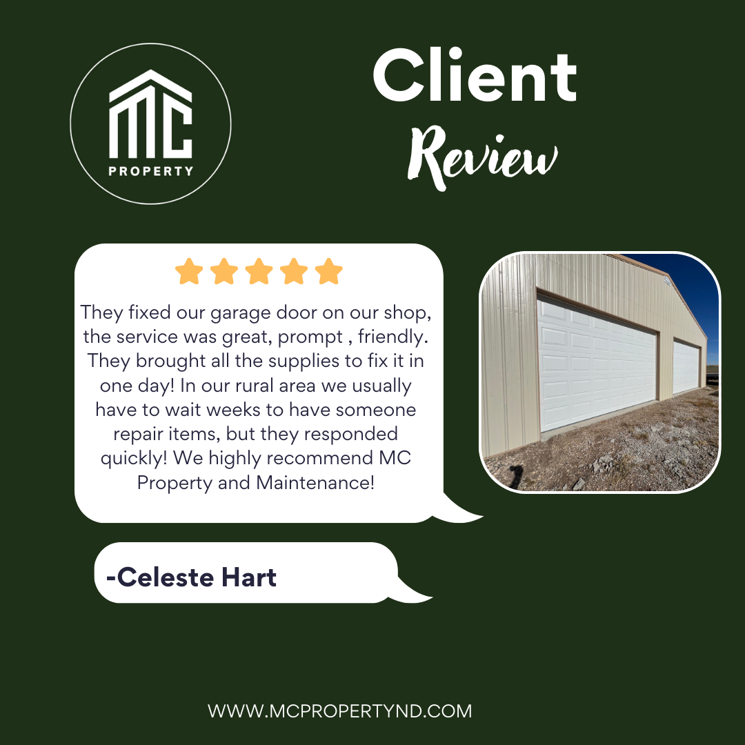 Customer review for MC Property and Maintenance with a 5-star rating, praising garage door repair service, accompanied by an image of a beige garage building with three white garage doors.