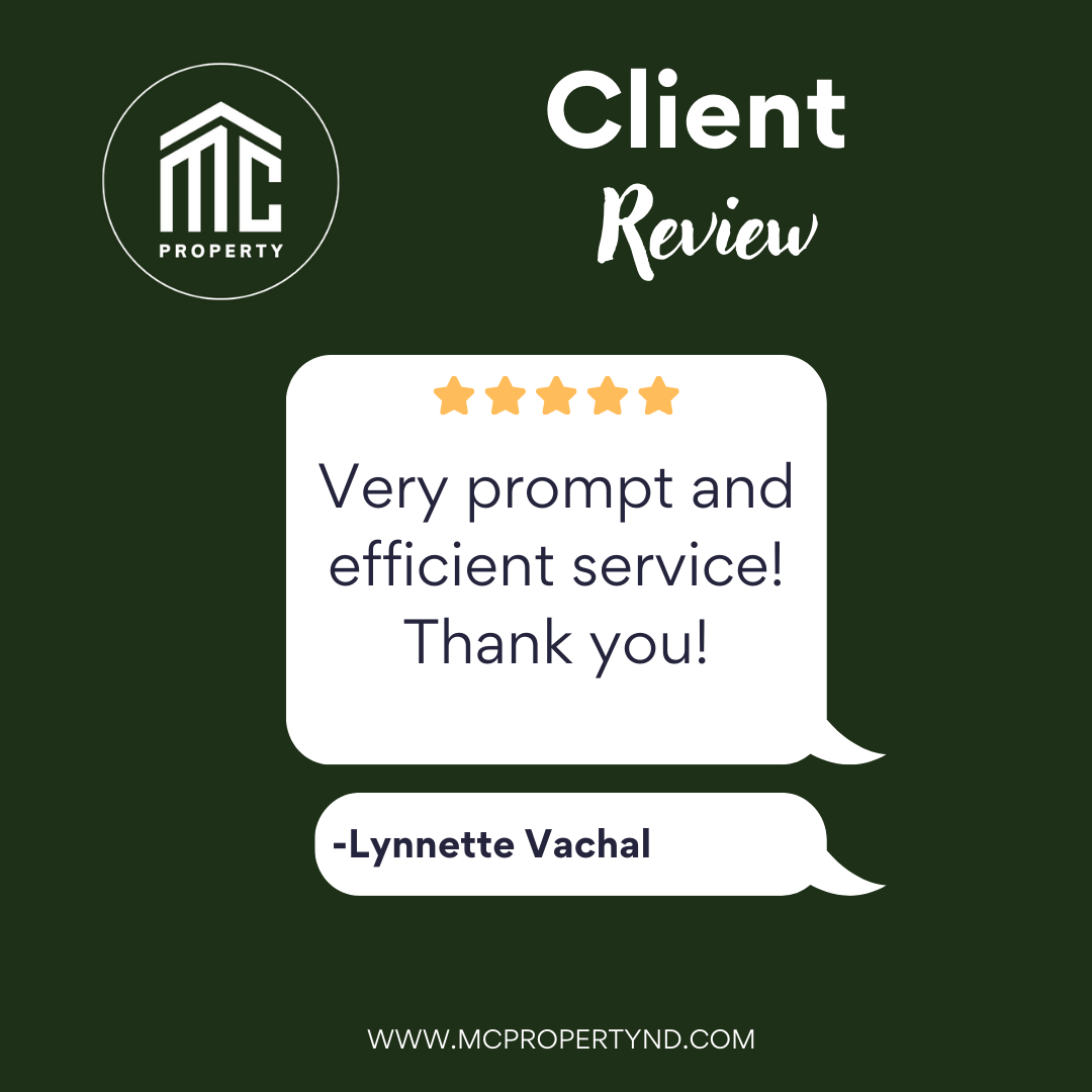 Client review graphic for MCP Property with a 5-star rating, praising prompt and efficient service by Lynette Vachal, on a dark green background.
