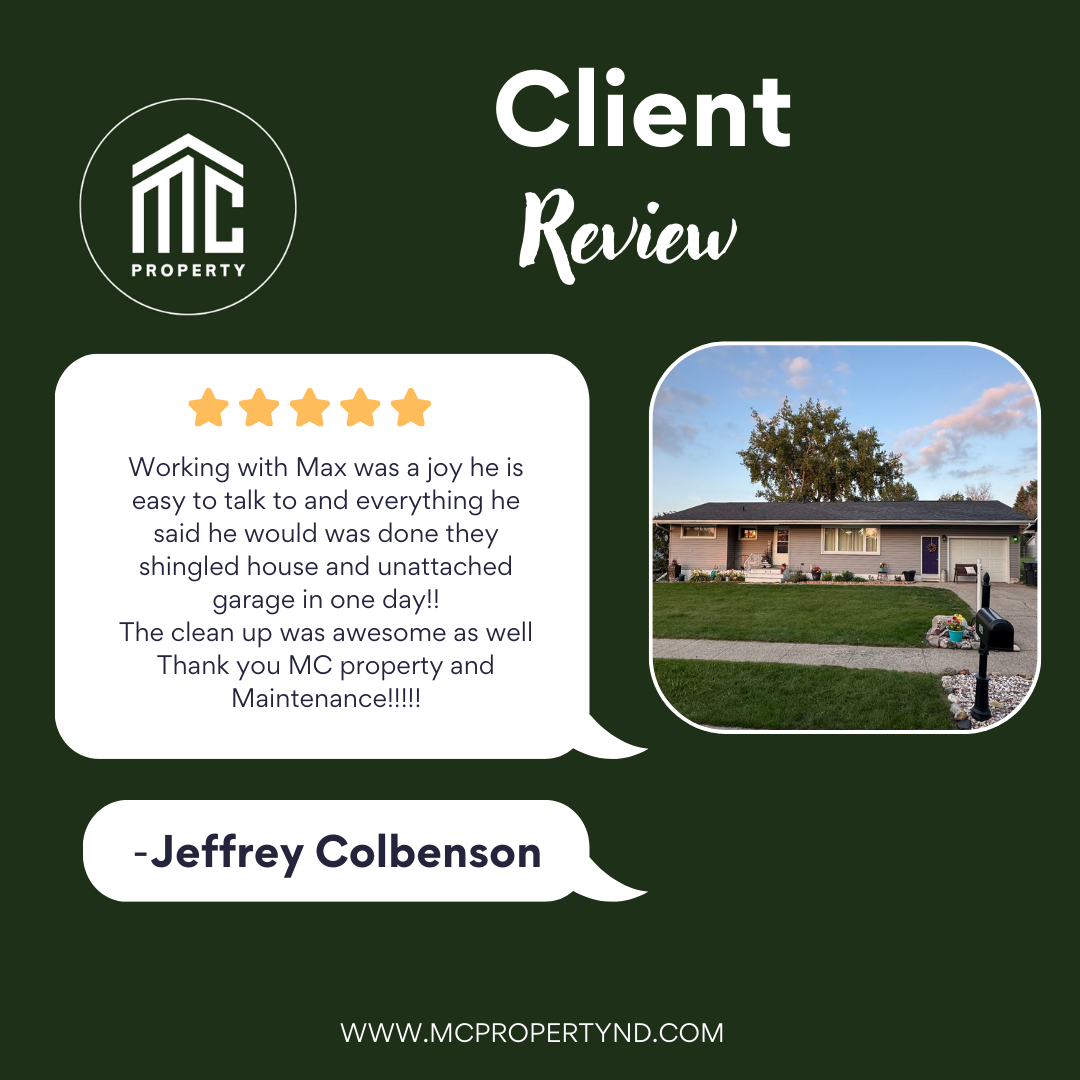 A client review graphic for MC Property featuring a five-star rating, a photo of a house with a green lawn, and a speech bubble with a review from Jeffrey Colbenson praising Max and MC Property for cleaning up and maintaining a house.