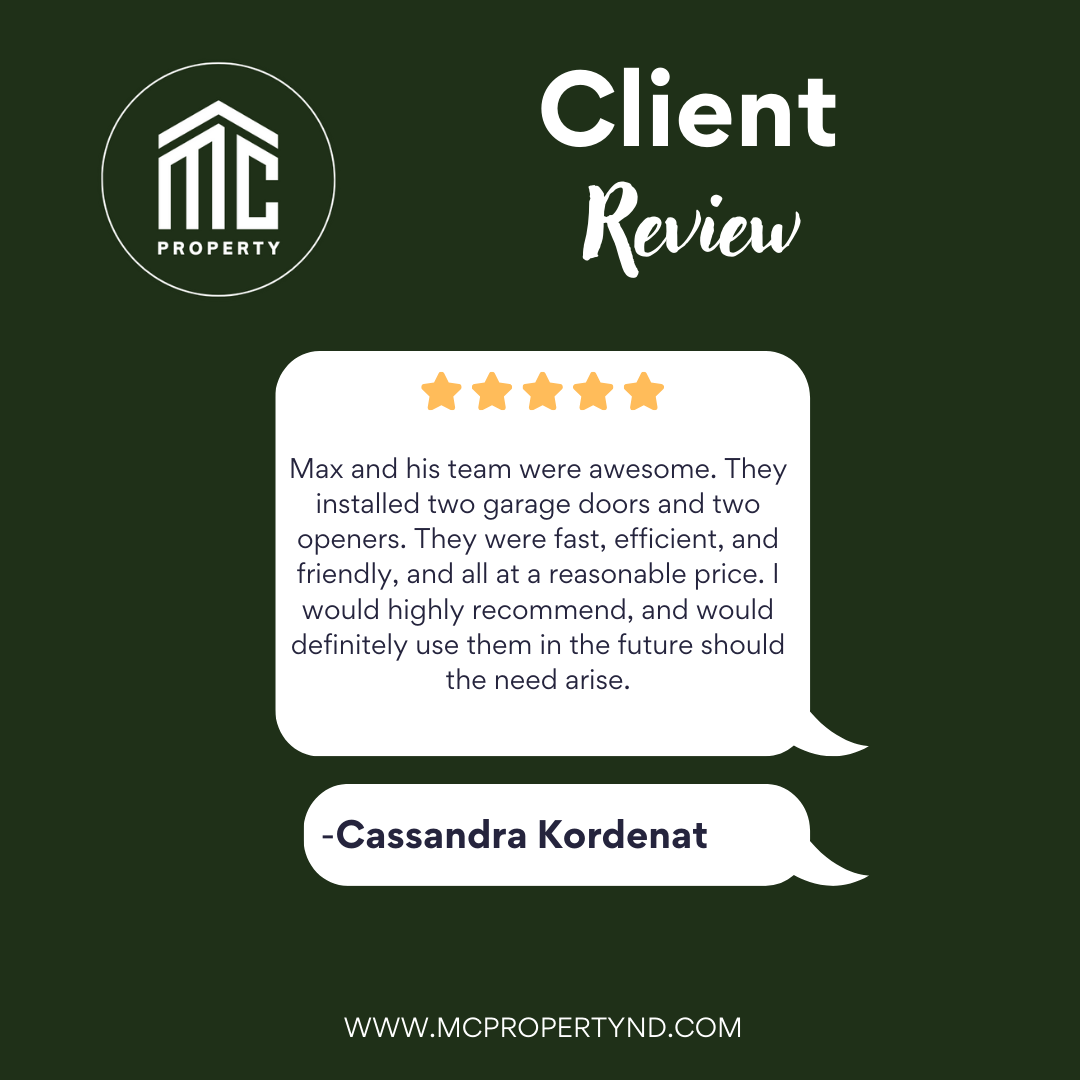 A customer review graphic for MC Property featuring a five-star rating, a positive review from Cassandra Kordenat about garage door installation, with the MC Property logo, website, and a speech bubble design on a dark green background.